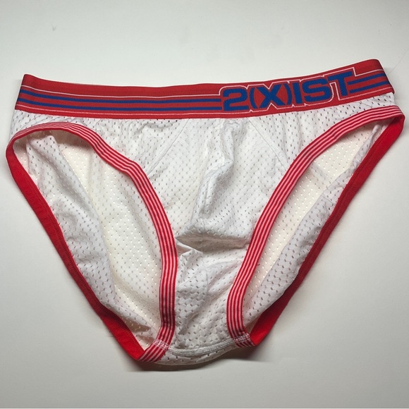 2xist Men's Mesh White Briefs with Red and Blue Accents - Picture 1 of 1